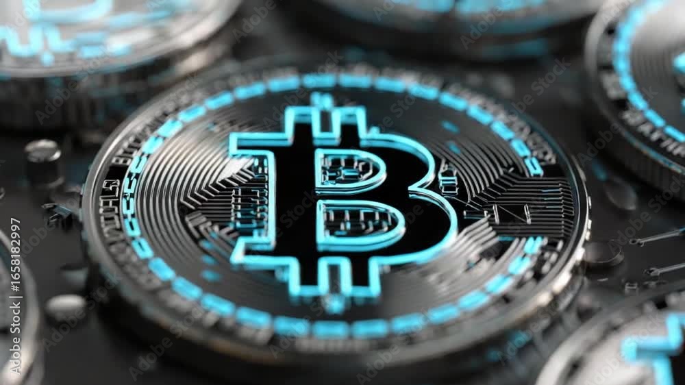 Close-up of stylized Bitcoin crypto coins