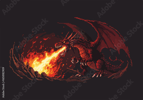 Pixelated Dragon Breathing Fire in Dark Cave. Fantasy game asset, rpg icon