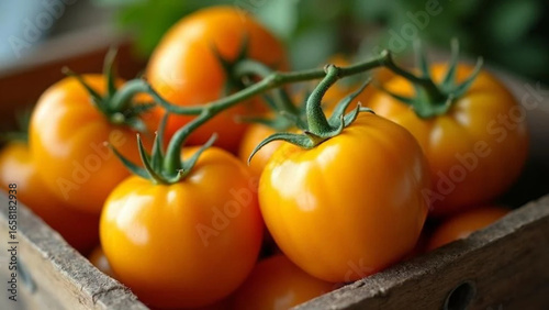Yellow tomatoes in the wooden box. Close up. 