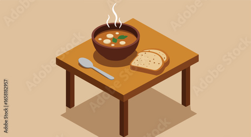 Isometric soup with bread on a small table. Simple background. Dinner concept