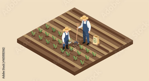 Farmers Planting Seeds in Rows on Farm in isometric view for environmental project