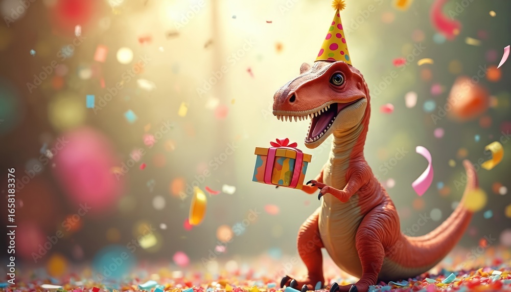 Fototapeta premium Cute cartoon velociraptor dinosaur wearing party hat, holding gift box and jumping in colorful confetti. Festive celebration scene with cheerful atmosphere and joyful event, perfect for kids birthday.