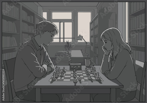 Focused people play chess in a room with bookshelves, possible use for study guides