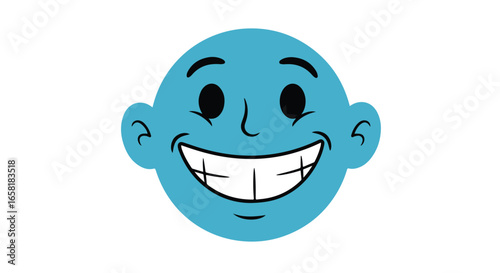 Smiling Blue Cartoon Face, isolated, with a white backdrop, for use as a symbol