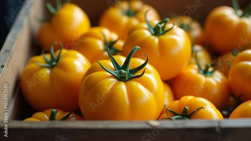 Yellow tomatoes in the wooden box. Close up. 
