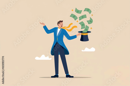 Magician pulling money from top hat symbolizing financial success and wealth creation