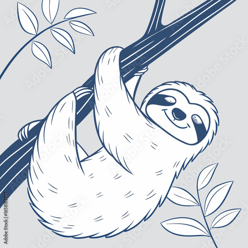 Happy Sloth Hanging from Tree Branch