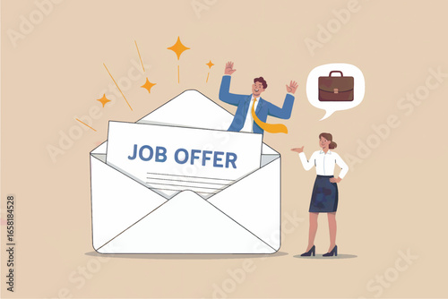 Excited woman receives job offer letter via email with career opportunity and business success concepts
