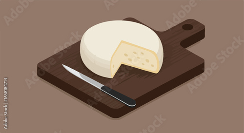 Wedge cut from round cheese on cutting board, with knife. Food illustration