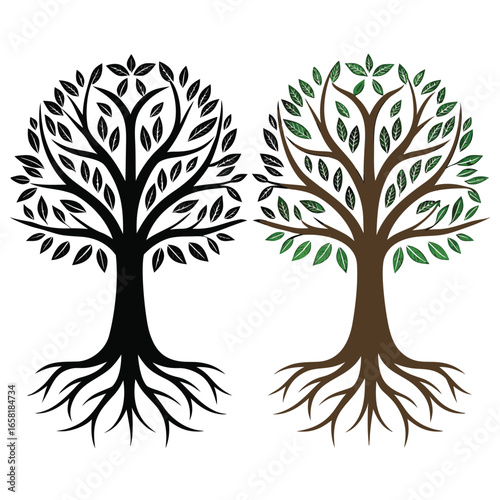 Black and green tree silhouettes with roots leaves