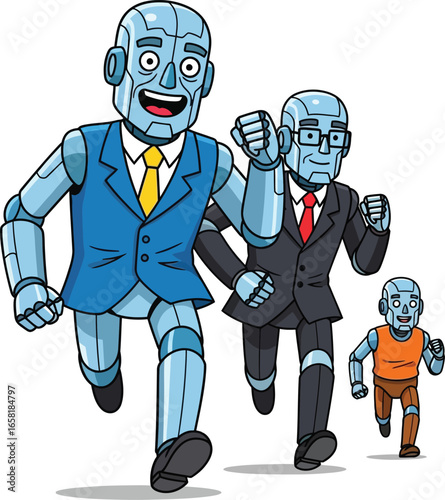 Three robot men—two in suits and one child—run forward energetically. Playful scene of ambition, generational drive, and futuristic progress.