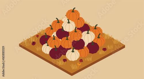 Pumpkins piled on farmland for an event, with autumn vegetation around