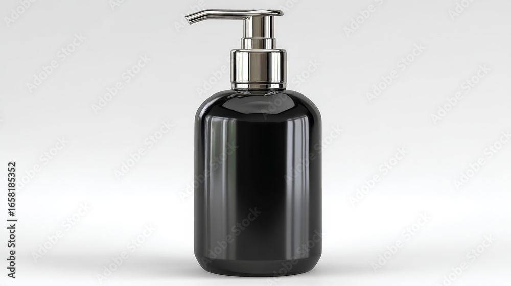 Black cosmetic pump bottle with chrome dispenser on white background. Black cosmetic pump bottle with chrome dispenser on white background.