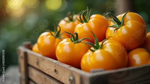Yellow tomatoes in the wooden box. Close up. 