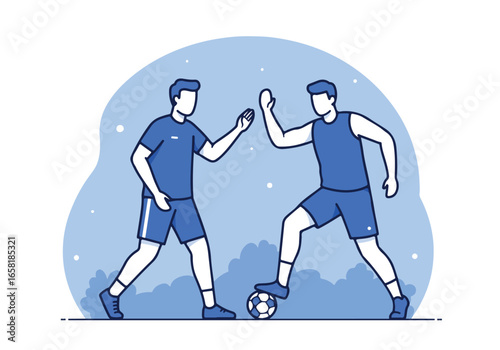 Two athletes give a high five during a soccer practice. Cloudy sky in the back