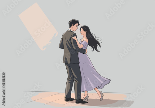 Couple dances intimately; empty room with soft light for celebration use