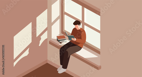 Relaxed reader on window seat bathed in sunlight; reading for study or leisure