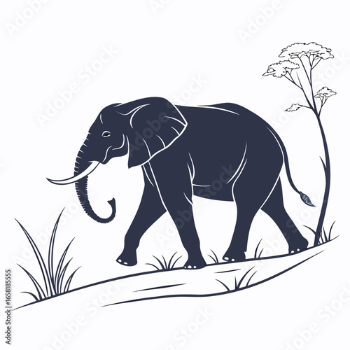 African Elephant Silhouette With Grass And Tree
