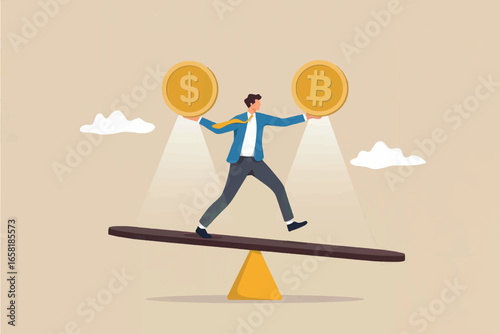 Businessman balancing coins on a seesaw representing financial risk management and economic stability concept