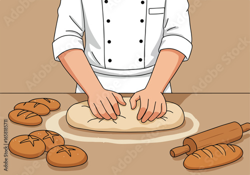 Cartoon chef kneads dough on counter with bread and rolling pin in the background