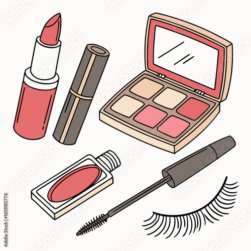 Makeup essentials with lipstick and mascara illustration