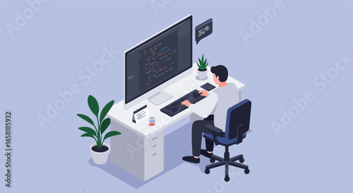 Isolated programmer coding at office. Plant, calendar, dialog box in background