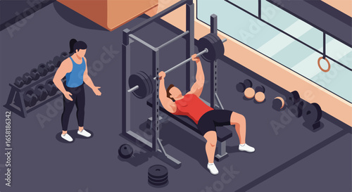 Gym trainer watching man bench press on weight machine by equipment