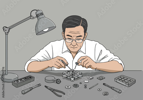 Watchmaker repairs timepiece with tools on table under lamp for ads, articles