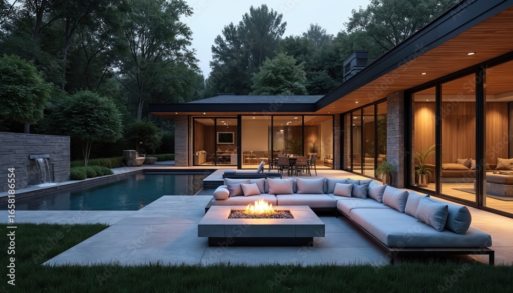 Obraz premium Modern backyard features swimming pool with waterfall, contemporary fire pit lounge area. Sleek concrete patio, minimalist furniture, rich landscaping surround luxurious home exterior, perfect for