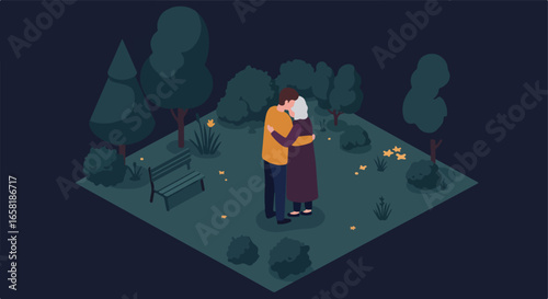 Illustration of embracing couple in dark park with benches and trees in isometric view