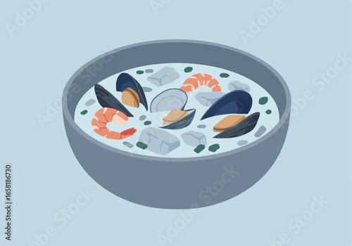 Seafood stew being prepared in a bowl on a plain background for a restaurant menu