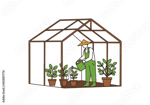 Farmer Watering Plants in a Greenhouse for Growth and Health