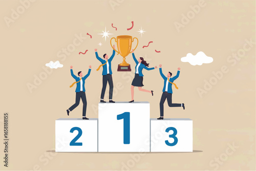 Diverse business team celebrating victory holding a golden trophy on a winners podium with numbered spots for achievement and success