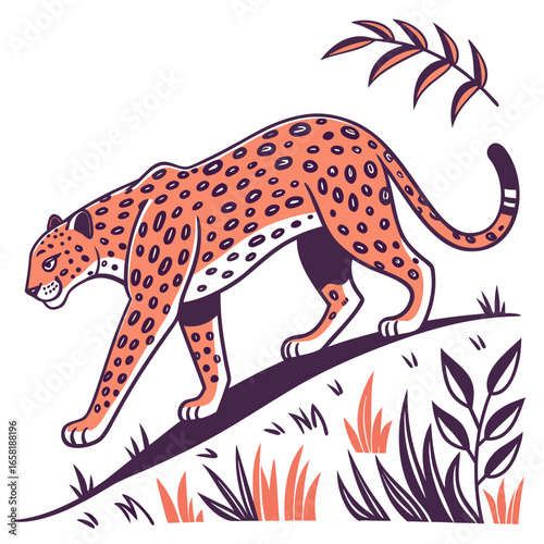 Illustration of a spotted leopard walking