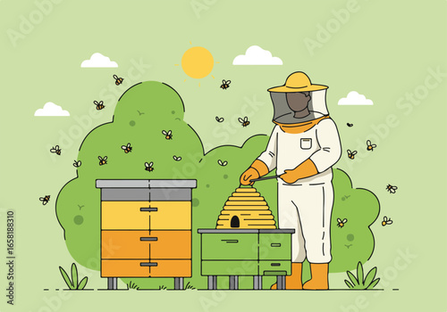 Beekeeper inspects honey hive among flying bees in a garden; for pollination promotion