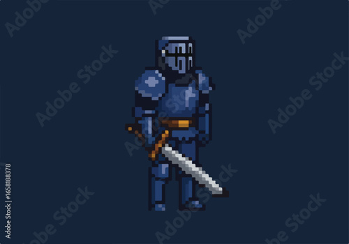 Pixel knight in armor stands holding sword on dark backdrop for game design or art