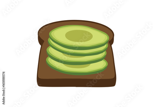 Cartoon avocado slices placed on toast against white background for a cookbook