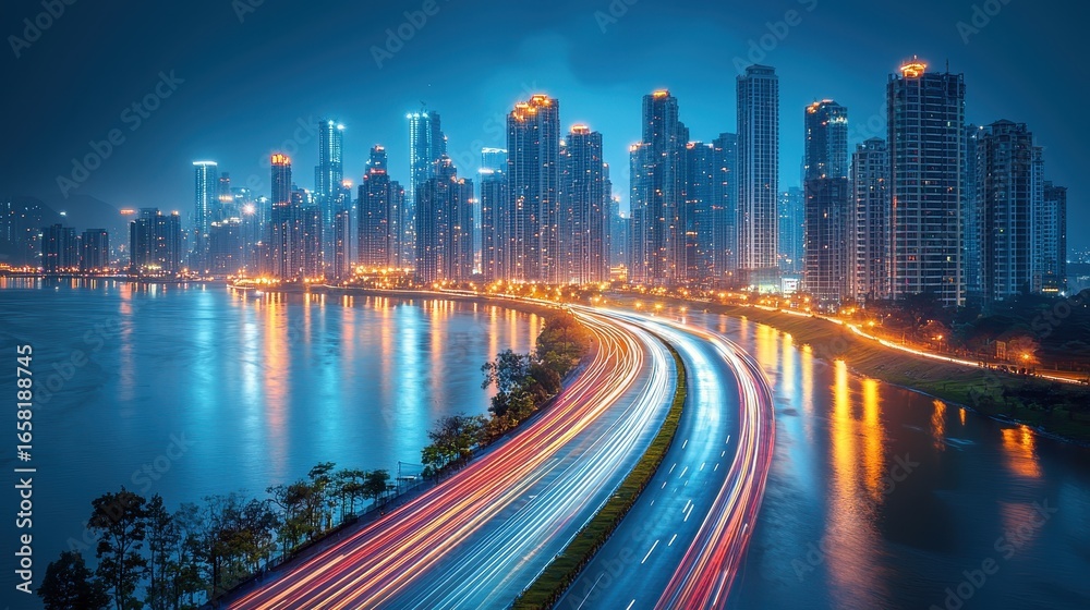 Obraz premium A vibrant cityscape at night, where long exposure trails of cars' headlights painted the asphalt in shimmering hues, creating a dynamic and captivating scene 