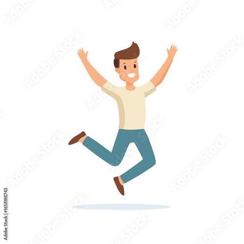 Joyful man jumping high with arms raised in celebration on plain background