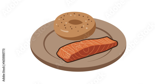 Bagel with salmon on a plate. Isolate background. Culinary illustration