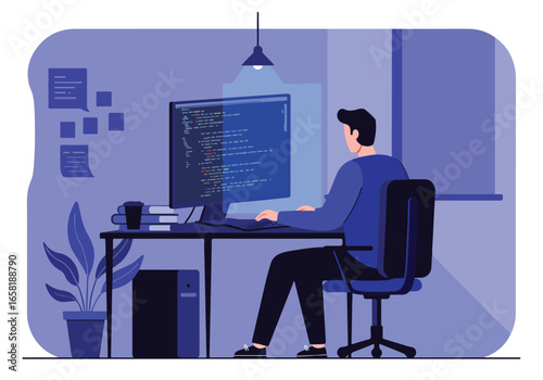 Person coding at desk with notes in background for software development or web design