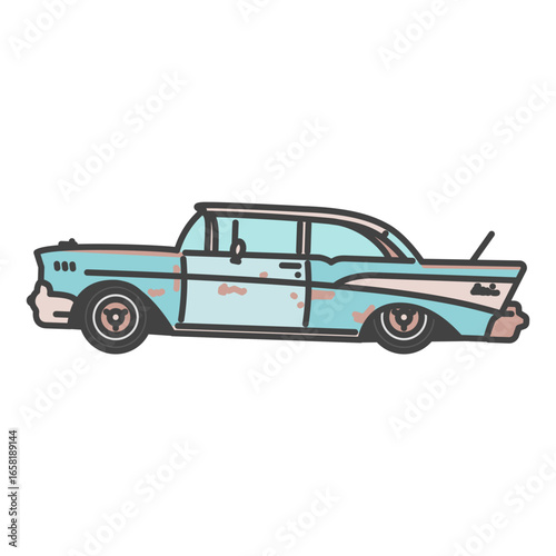 50年代のアメリカ車・クラシックカーのイラスト　経年劣化して錆びたビンテージカー