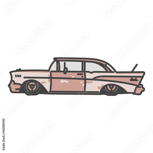 50年代のアメリカ車・クラシックカーのイラスト　錆びて朽ちた古いアメ車