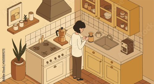 Person Makes Coffee in a Bright Isometric Kitchen; Stove, Cabinet, and Plant in Background