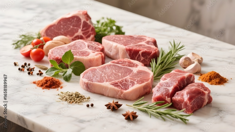 Fresh raw meat cuts displayed on a marble surface with herbs and spices Fresh raw meat cuts displayed on a marble surface with herbs and spices