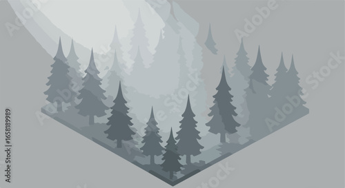 Isometric forest scene, mountains in the fog, use for presentations, apps
