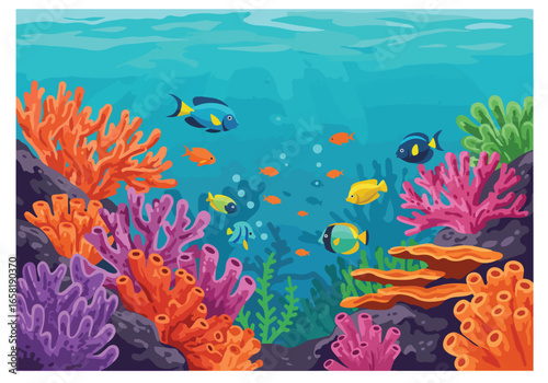 Fishes swimming in a colorful coral reef with bubble trails, for a background
