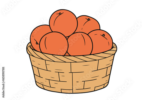 Cartoon drawing of ripe peaches piled in a basket, against a white background