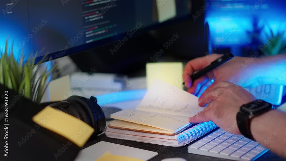 wireframe in notebook near computer monitor with code, modern office setup illuminated by blue light