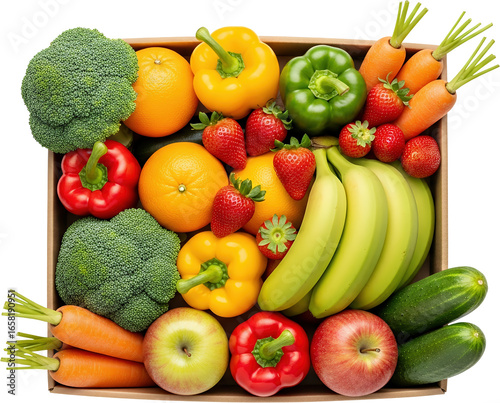 Assortment of fresh fruits and vegetables including broccoli peppers oranges strawberries bananas apples carrots and
